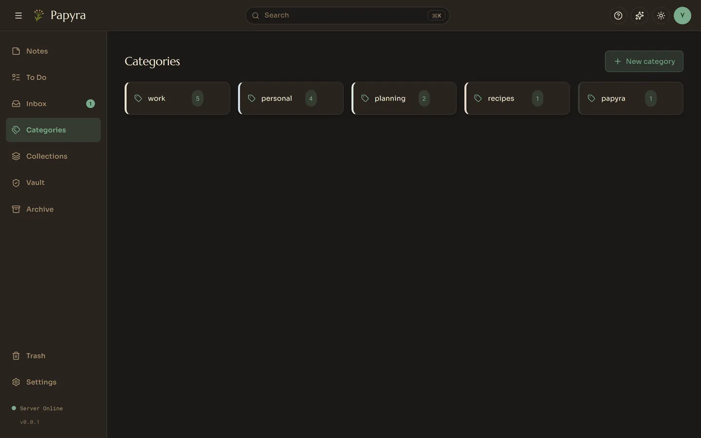 The Categories view, listing tags with their note counts