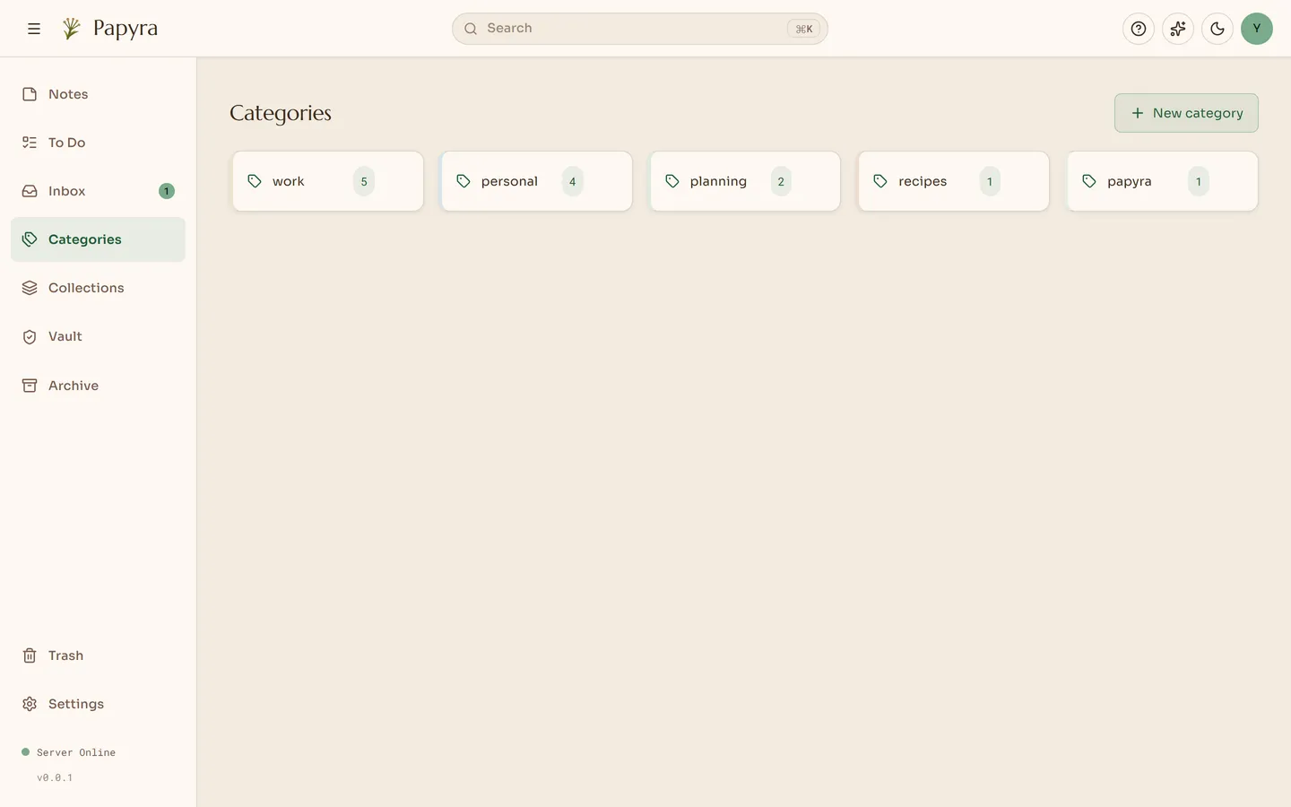 The Categories view, listing tags with their note counts