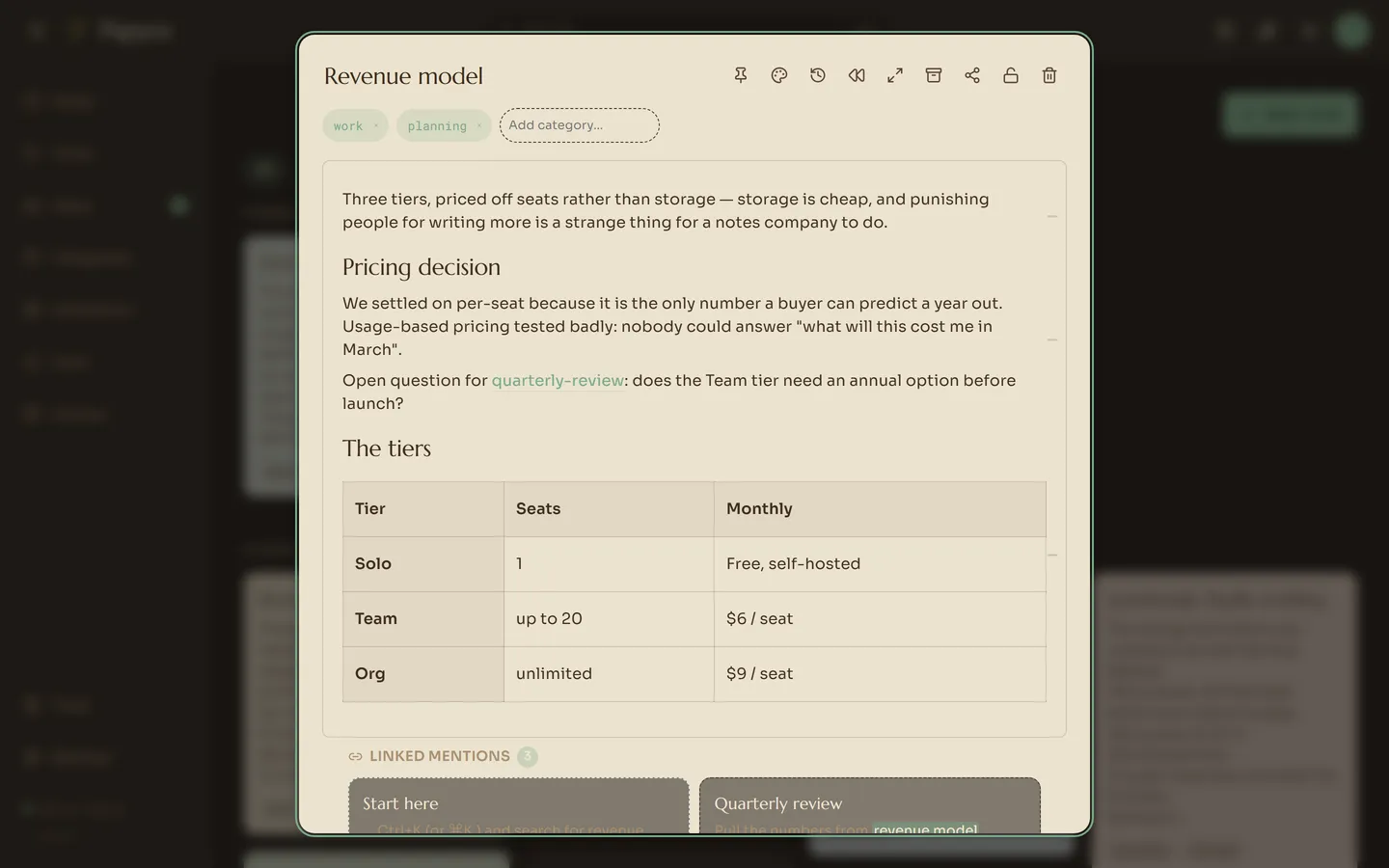 A note open in the Papyra editor, showing a rendered table and its Linked mentions