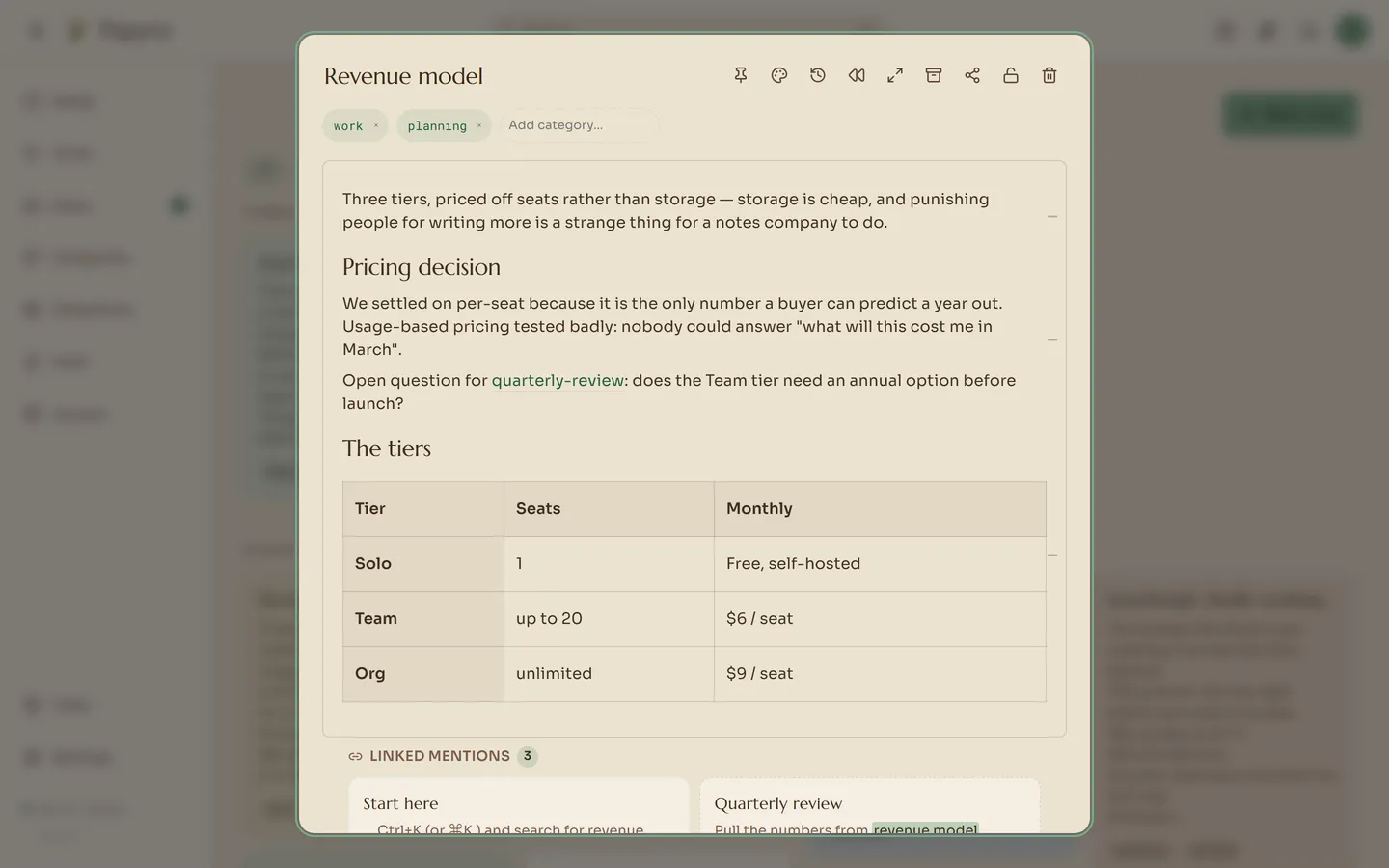 A note open in the Papyra editor, showing a rendered table and its Linked mentions
