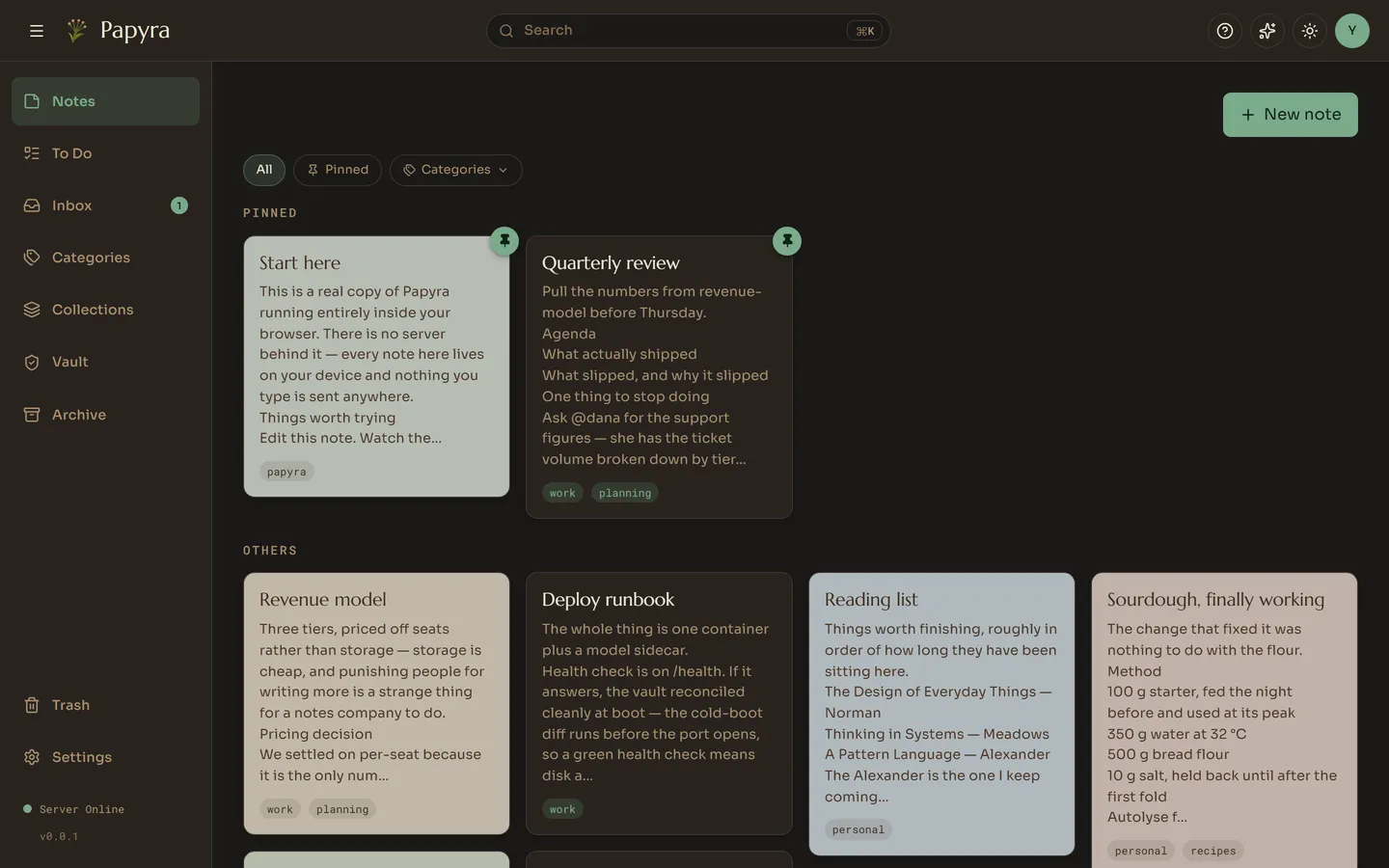The Papyra note grid, showing pinned notes, categories and colour-tinted cards