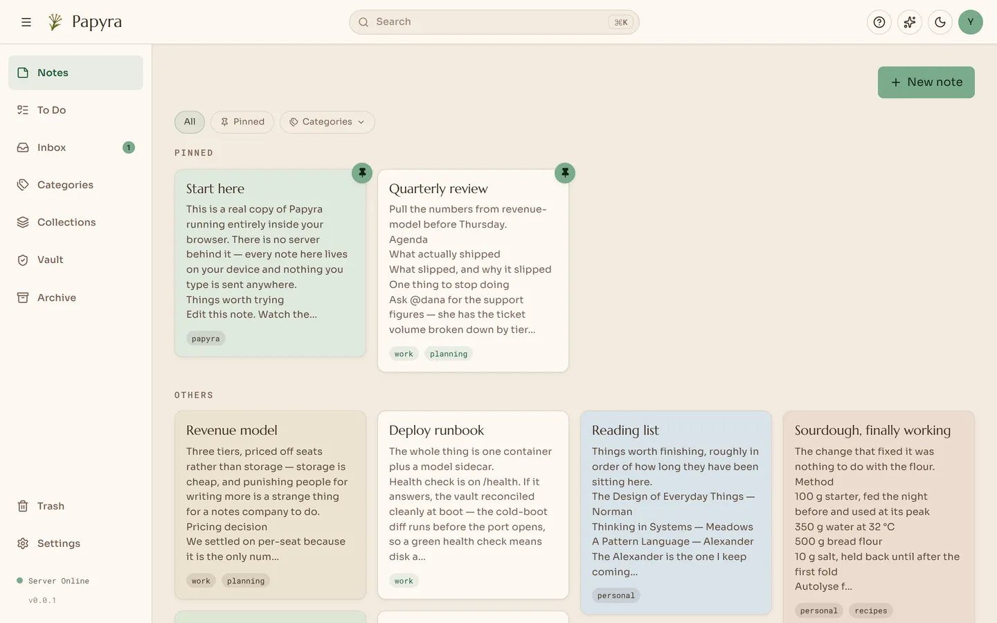 The Papyra note grid, showing pinned notes, categories and colour-tinted cards