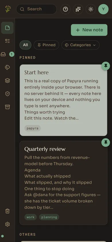 Papyra running on a phone, showing the note grid