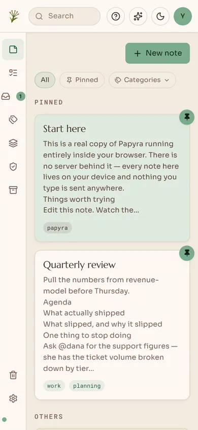 Papyra running on a phone, showing the note grid