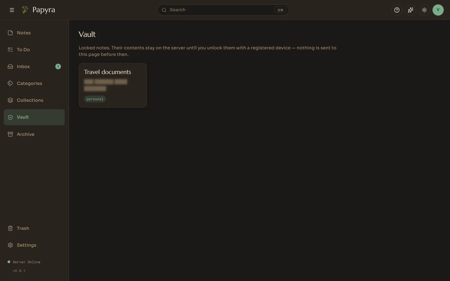 The Vault view, listing notes locked behind a passkey