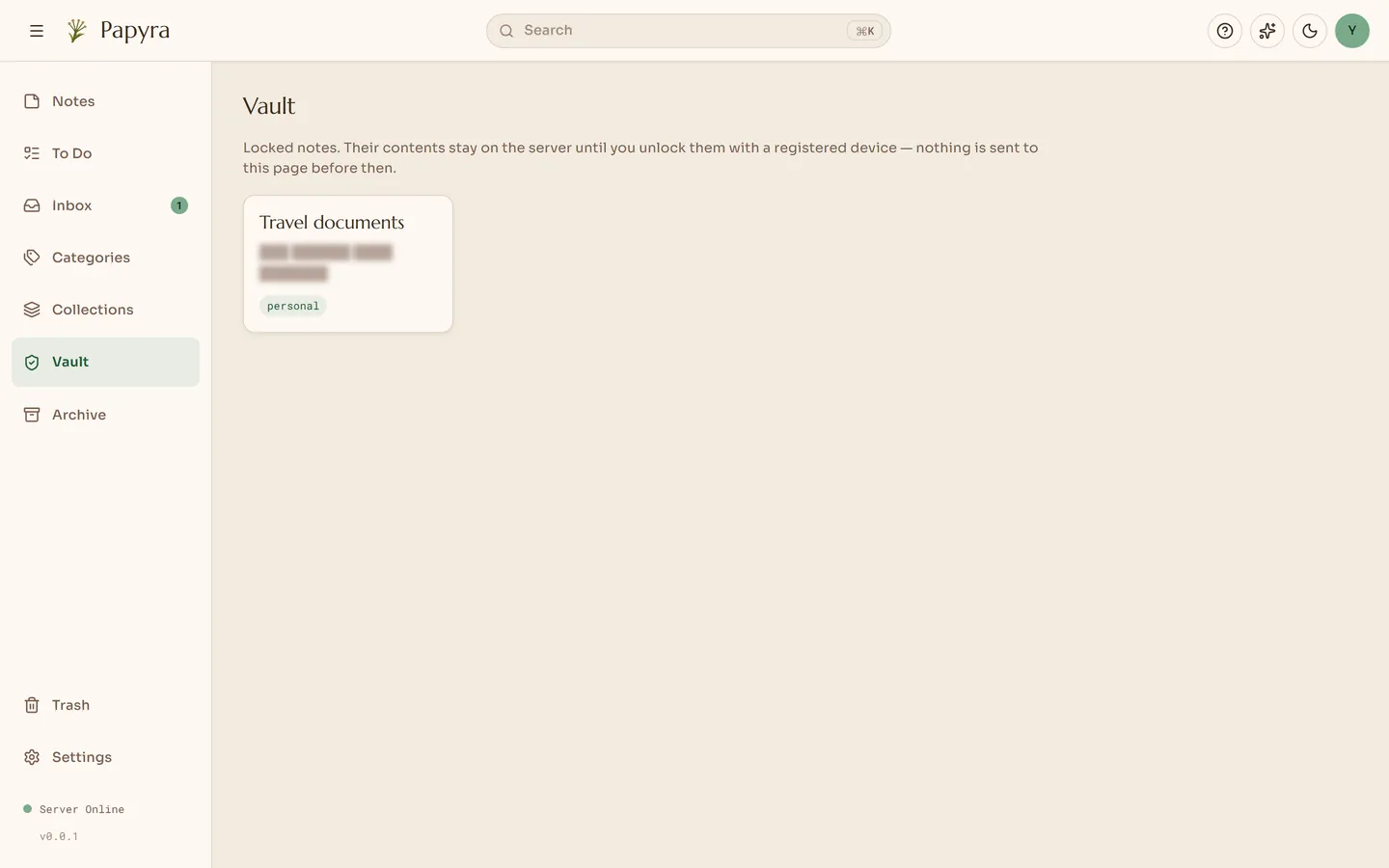 The Vault view, listing notes locked behind a passkey
